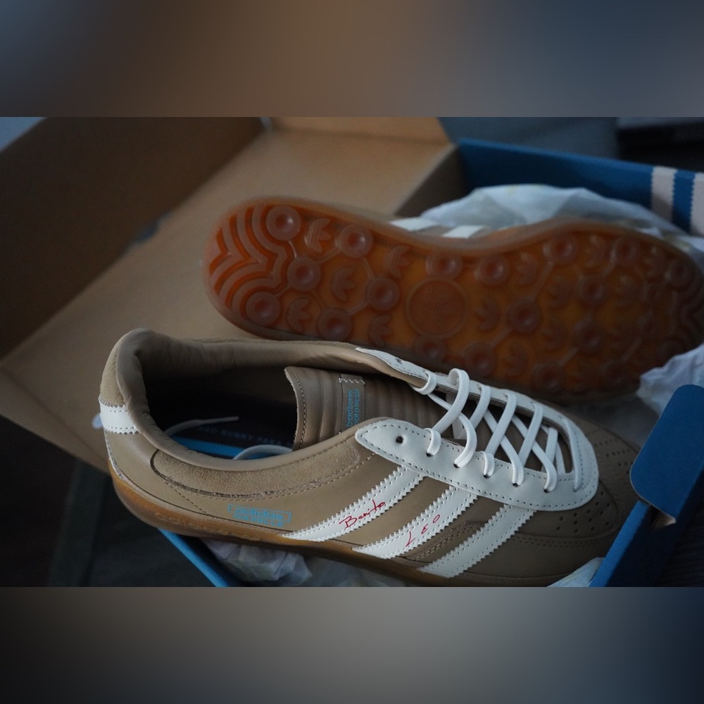 Men's Adidas Gazelle Indoor Bad Bunny /Messi collaboration Tan and White Sneaker